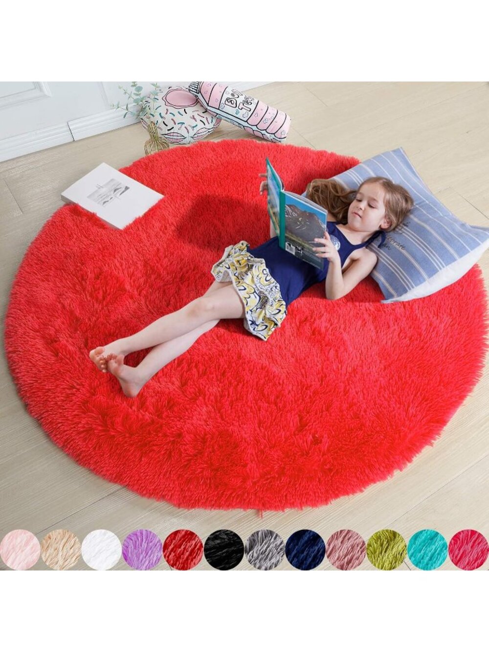 〽️Red Furry Round Circle Rug 4Ft Boys Bedroom Living Room Fluffy Shag Carpet